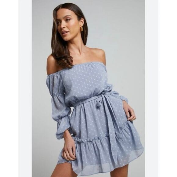 Showpo Blue Polka Dot Off Shoulder Party Life Mini Dress Size 8 Belted EUC - Picture 1 of 7